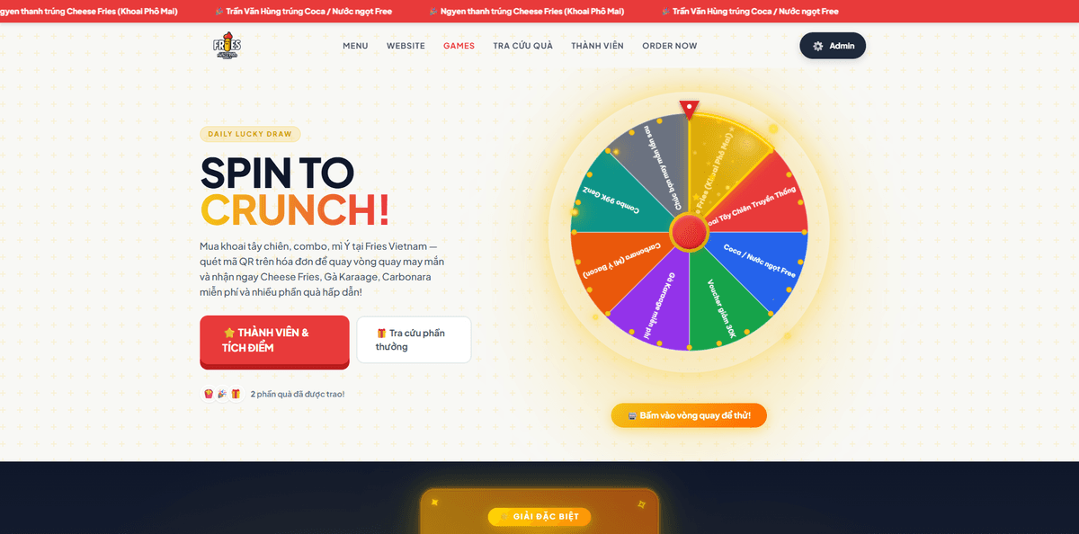 Minigame vòng quay may mắn Fries Vietnam – loyalty F&B